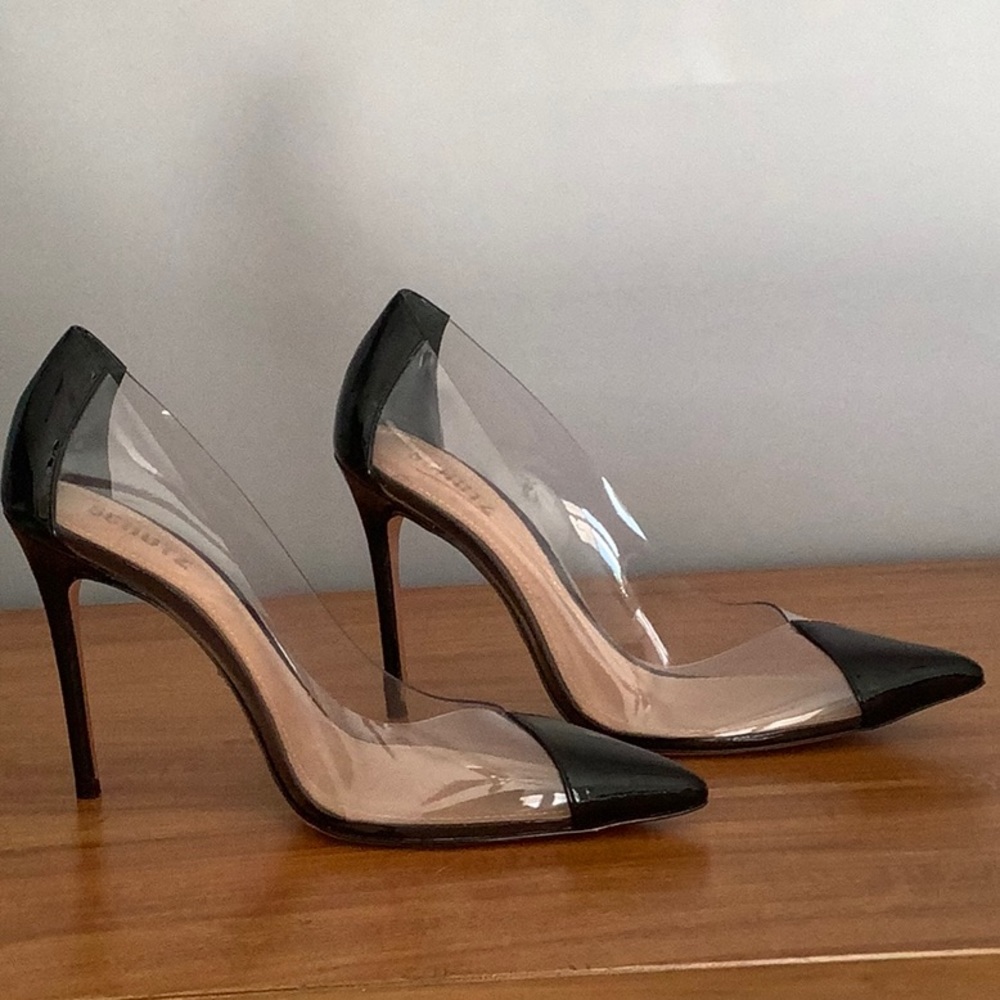 Schutz clear vinyl/ black toe stilettos.
